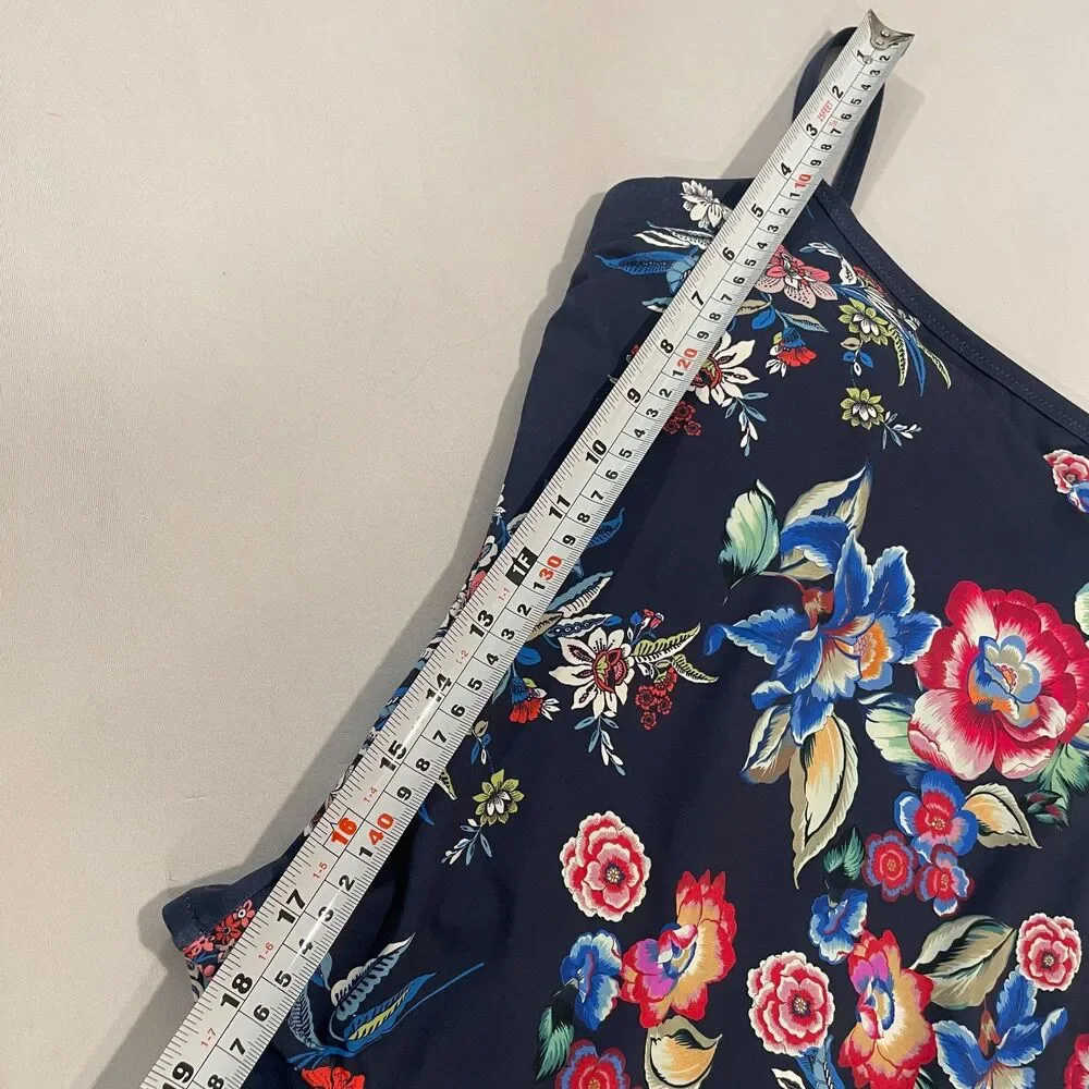 ~ Johnny Was Lg Swimsuit 1-Piece Navy Floral Tank Lace-Back Strappy Large 10/12 - Picture 7 of 16